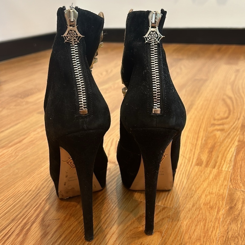Charlotte Olympia Zena Black And Gold Suede Stiletto  Bootie Size 37 women’s - Picture 8 of 14